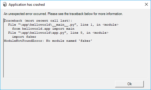 Arresto anomalo dell'applicazione Hello World Tutorial 7, su
Windows